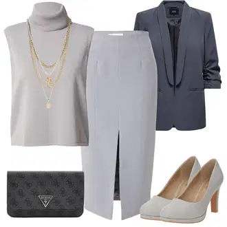 Outfit s Šedá/Béžová/Hnědá/Světle šedá Moderní Svetrová Vest/Jemně Pletený Svetr about you x iconic by tatiana kucharova "Oblečení do kanceláře"