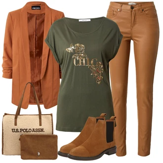 Outfit s Hnědá/Khaki/Béžová Kalhoty z Umělé Kůže/Kožený legíny/Kožená Kalhoty/Skinny Kalhoty B.young "Perfekt na podzim"