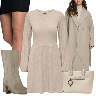 Outfit s Béžová/Hnědá/Šedá/Khaki Zimní šaty s dlouhým rukávem/Zimní Pletené Šaty/Manšestrové Šaty/Svetrové Šaty/Pouzdrové Šaty S Dlouhým Rukávem/Šaty S Kosticí/Dlouhé pletené šaty/Šaty S Rolákem JdY "Elegantní podzimní outfit"