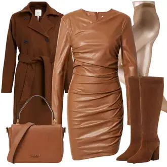 Kovbojka Outfit s Tmavě hnědá/Hnědá Špičatá Kozačka/Jezdecká Bota/Kozačka po Kolena/Bota se širokým nohavici/Kozačka Na Podpatku/Dlouhá Kozačka About You "Elegantní zimní outfit"Look: Kovbojka, Western