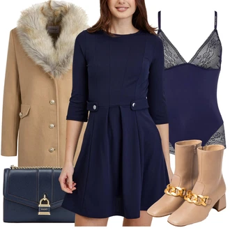 Outfit s Tmavě modrá/Modrá Taška Přes Rameno/Brašna/Sportovní Taška Přes Rameno/Malá Taška/Dopisová peněženka/Ledvinka DKNY "Elegantní zimní outfit"