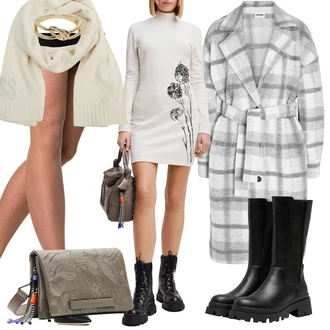 Outfity na zimu Květovaný s Šedá/Růžová/Béžová/Bílá/Hnědá Desigual "Elegantní zimní outfit"