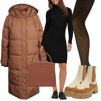 Outfit s Černá/Tmavě hnědá/Khaki Síťovaná punčocha/Punčocháče Velká Velikost/Punčocháče/Síťovaný punčocháč/Podržte Punčochu/Pletená Punčocha/Samodržící Punčocha/Třpytivý punčocháč/Vlněný punčocháč Pieces "Elegantní zimní outfit"