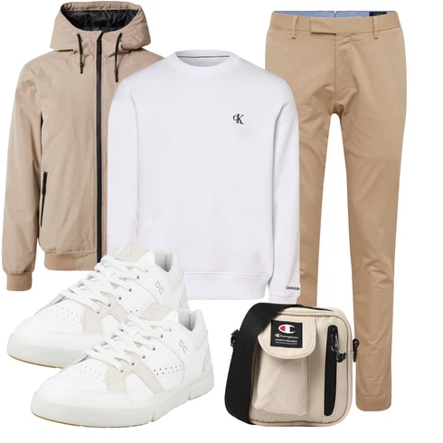 Weiß Hoodie Sweatshirt Calvin Klein Jeans kombinieren mit Beige/Khaki/Braun Kapuzenjacke/Funktionsjacke/Windbreaker Jacke/Innenfutter Jacke/Outdoorjacke/Wendejacke/Nachhaltige Jacke/Jacke mit Seitlichem Reißverschluss/Segeljacke Iriedaily