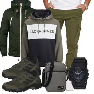 Outfit mit DunkelGrün/Grün Kapuzenpullover/Damen Pullover/Sport Sweatshirt/Hoodie/Vintage Hoodie/Unisex Hoodie/Ausgefallener Hoodie/Sport Hoodie/Fleece Pullover Jack & Jones "Freizeit Outfit"