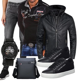 Groß Outfit mit Schwarz Motorradjacke/Wachsjacke/Außergewöhnliche Jacke/Leder Bomberjacke/Kunstfaserjacke/Jacke mit Seitlichem Reißverschluss/Bikerjacke/Lederjacke/KunstLederjacke Behype "Freizeit Outfit"