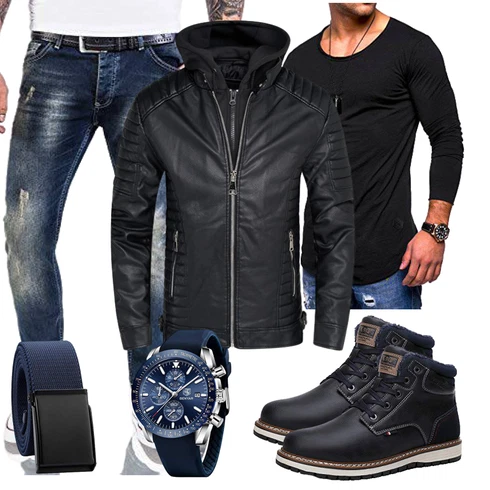 Schwarz/Dunkelblau/Blau Wattierte Stiefel/Wasserdichter Stiefel/Winter Stiefel/Wasserfester Schuh/Klassischer Stiefel/Herren Lederschuhe/Winter Sneaker/Winter Stiefelette/Gefütterte Stiefelette AX BOXING kombinieren mit Schwarz Motorradjacke/Wachsjacke/Außergewöhnliche Jacke/Leder Bomberjacke/Kunstfaserjacke/Jacke mit Seitlichem Reißverschluss/Bikerjacke/Lederjacke/KunstLederjacke Behype