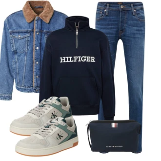 Retro Outfit mit Blau/Hellblau Slim Fit Jeans/Leder Schuhe/Lederjacke/Damen 7/8-Länge Jeans/Low Rise Jean/Tapered-Jeans/Winterjacke/Low Waist Jean/Schlupfjeans/Jeans mit Schlitz/Straight Leg Jean/Regular-Fit Jeans/Cropped Jeans/Knöchelstiefel Jack & Jones "Freizeit Outfit"Look: Uni, Coole, Schlichte, 70er, Classic, Old Money, Retro