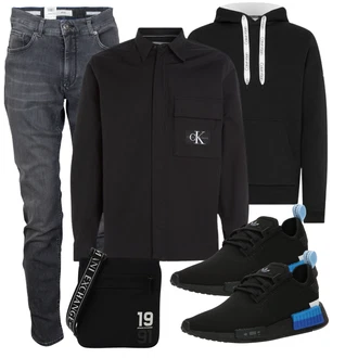 Outfit mit Schwarz/Weiß/Dunkelblau Umhängetasche/Mannstasche/Tragetasche/Brieftasche/Schultertasche Armani Exchange "Freizeit Outfit"
