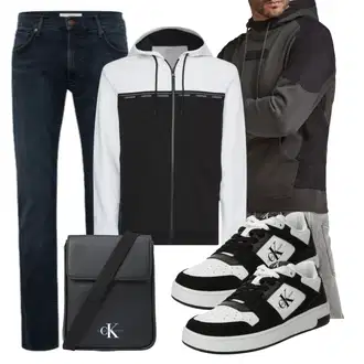 Outfit mit Grau/Schwarz/Dunkelgrau/Dunkelblau Brieftasche/Handytasche/Schultertasche/Mannstasche/Tragetasche Calvin Klein Jeans "Freizeit Outfit"
