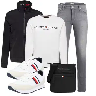 Outfit mit Schwarz/Dunkelgrau/Rot/Grau Strickjacke Gefüttert/Stehkragen-Strickjacke/Merinojacke/2in1 Jacke/Laufjacke/Thermojacke/Segeljacke/Funktionsjacke/Langlaufjacke/Sportjacke Tommy Jeans "Freizeit Outfit"