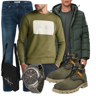 Outfit mit Dunkelgrün Lederjacke/Klassischer Stiefel/Springerstiefel/Schnürstiefelette/Schnürschuh/Gefütterte Stiefelette/Sicherheitsschuh/Trekkingstiefel/Unkategorisiert Dockers by Gerli "Freizeit Outfit"