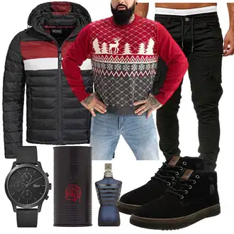 Winter Outfits Groß mit Schwarz/Rot Jacke mit Seitlichem Reißverschluss/Daunenjacke/Isolationsjacke/Steppjacke/Kapuzenjacke/Hybridjacke/Puffer Jacke/Skijacke/Thermojacke/Winterjacke/Kunstfaserjacke Indicode "Freizeit Outfit"