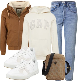 Outfit mit HellBlau/Blau Mom Jean/High Waist Jeans/Girlfriend Jeans/Dad Jeans/Tapered-Jeans/Boyfriend Jean/Cropped Jeans/Vintage Jeans/Jeans mit Schlitz/Winterjacke DAN FOX APPAREL "Freizeit Outfit"