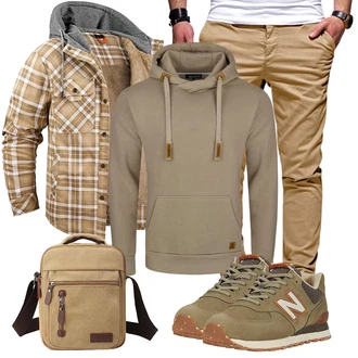 Outfit mit Khaki/Beige/Braun/Grau Unisex Hoodie/Vintage Hoodie/Hoodie/Ausgefallener Hoodie/Strick Hoodie Riverso "Freizeit Outfit"
