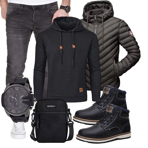 Fell Schwarz/Dunkelblau/Blau Wattierte Stiefel/Wasserdichter Stiefel/Winter Stiefel/Wasserfester Schuh/Klassischer Stiefel/Herren Lederschuhe/Winter Sneaker/Winter Stiefelette/Gefütterte Stiefelette AX BOXING kombinieren
