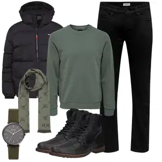 Winter Outfit mit Schwarz Klassischer Stiefel/Springerstiefel/Schnürstiefelette/Leder Stiefelette Bullboxer "Freizeit Outfit"