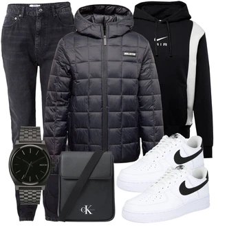 Outfit mit Schwarz/Dunkelgrau/Dunkelblau/Grau Jeans Winterjacke/Biker Jeans/Girlfriend Jeans/ThermoJeans/Tapered-Jeans/Slim Fit Jeans/High Waist Jeans/Jeans mit Schlitz/Herren Lederjacke/Straight Leg Jean about you x jaime lorente "Freizeit Outfit"