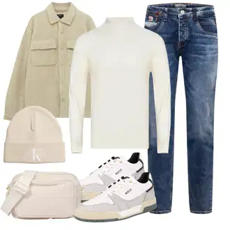 Outfit mit Beige/Khaki Boucle Strickjacke/Kaschmir-Strickjacke/Baumwoll Strickjacke/Strickjacke Gefüttert/Stehkragen-Strickjacke/Vintage Strickjacke/Winter Strickjacke/Wolle Strickjacke/Cordjacke/Nachhaltige Jacke Pull&Bear "Freizeit Outfit"