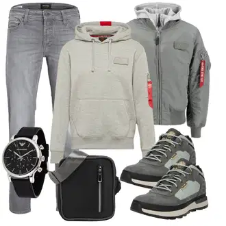 Esthetische Outfit mit Hellgrau/Grau Ausgefallener Hoodie/Hoodie/Strick Hoodie/Partner Hoodie/Sport Hoodie/Unisex Hoodie/Vintage Hoodie Alpha Industries "Freizeit Outfit"Look: Rad, Metal, Esthetische, Hip Hop, Retro, Skater, Unisex, Workwear