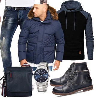 Outfit mit Schwarz/Dunkelblau 2-in-1 Pullover/Pullover mit Reißverschluss/Thermo Pullover/Winterpullover/Kapuzenpullover/Sport Hoodie/Strick Hoodie YuKaiChen "Freizeit Outfit"