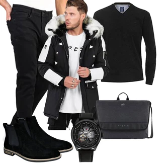 Winter Outfits Groß mit Schwarz/Weiß/Hellblau Außergewöhnliche Jacke/Winterjacke/Snowboardjacke/Schneejacke/Winter Parka/Skijacke Behype "Freizeit Outfit"