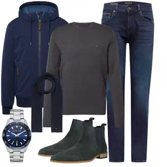 Outfit mit Grün/Blau/HellBlau/Dunkelgrün/Türkis Chelsea Boot/Flache Stiefelette/Lederjacke/Gummistiefelette About You "Freizeit Outfit"