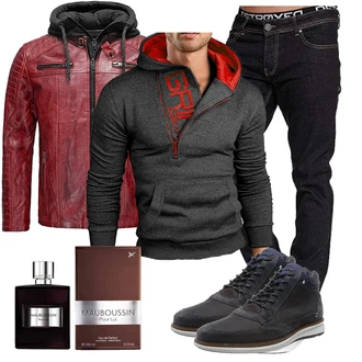 Motorrad Outfit mit Rot/Dunkelrot Bikerjacke/Kapuzenjacke/Wachsjacke/Motorradjacke/Jacke mit Seitlichem Reißverschluss/Vintage Lederjacke/Kunstlederjacke Redbridge "Freizeit Outfit"Look: Motorrad
