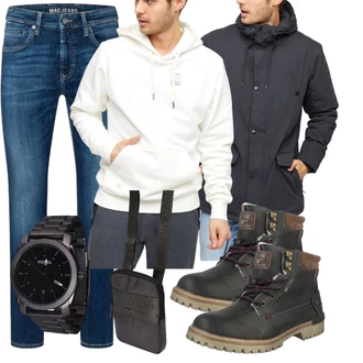 Winter Outfit mit Schwarz/Dunkelgrün/Braun/Grau/Dunkelgrau Trekkingstiefel/Springerstiefel/Wasserdichter Stiefel/Klassischer Stiefel/Gefütterte Stiefelette/Schnürstiefelette/Sicherheitsschuh/Wattierte Stiefel Mustang "Freizeit Outfit"