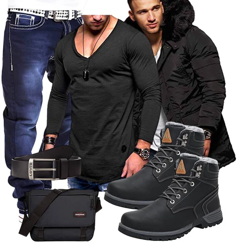 Blau Overall MYTRENDS Styles kombinieren mit Schwarz Puffer Jacke/Kunstfaserjacke/Außergewöhnliche Jacke/Daunenjacke/Kapuzenjacke/Parka-übergangsjacke/Winterjacke/Winter Parka Behype