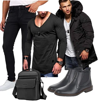 Kunstfell Outfit mit Schwarz Puffer Jacke/Kunstfaserjacke/Außergewöhnliche Jacke/Daunenjacke/Kapuzenjacke/Parka-übergangsjacke/Winterjacke/Winter Parka Behype "Freizeit Outfit"