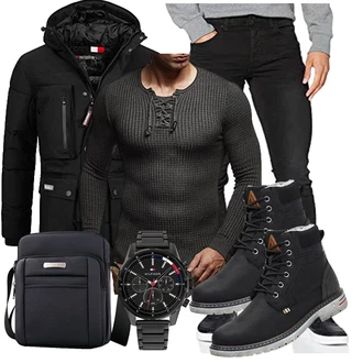Gefütterte Leder Outfit mit Schwarz Wattierte Stiefel/Winter Stiefel/SchnürStiefel/Winter Stiefelette/Sicherheitsschuh/Gefütterte Stiefelette/Klassischer Stiefel/Winter Sneaker/Wasserdichter Stiefel/Herren Lederschuhe/Wasserfester Schuh Mishansha "Freizeit Outfit"