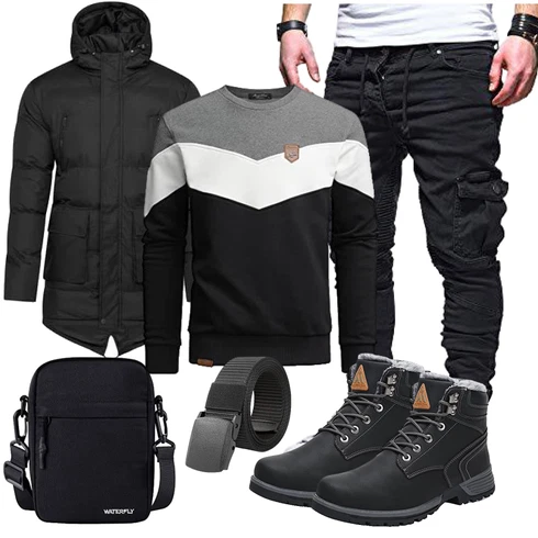 Schwarz Winter Stiefelette/Trekkingstiefel/Wasserfester Schuh/Wattierte Stiefel/Motorradstiefel/Winter Sneaker/Wasserdichter Stiefel/Sicherheitsschuh/Herren Lederschuhe Mishansha kombinieren mit Schwarz Langjacke/Wachsjacke/Winterjacke/Parka-übergangsjacke/Winter Parka Soulstar