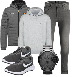 Motorrad Outfit mit Grau/Hellgrau/Dunkelgrau Steppjacke/Kapuzenjacke/Isolationsjacke/Kunstfaserjacke/Thermojacke/Strickjacke Gefüttert/Stehkragen-Strickjacke/Winter Strickjacke/Wolle Strickjacke Ellesse "Freizeit Outfit"Look: Motorrad, Wandern, Rugby