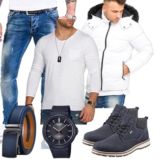 Stiefel Outfits mit Weiß/Schwarz/Creme Außergewöhnliche Jacke/Sommerdaunenjacke/Schneejacke/Winter Parka/Kapuzenjacke/Daunenjacke/Puffer Jacke/Winterjacke Behype "Freizeit Outfit"