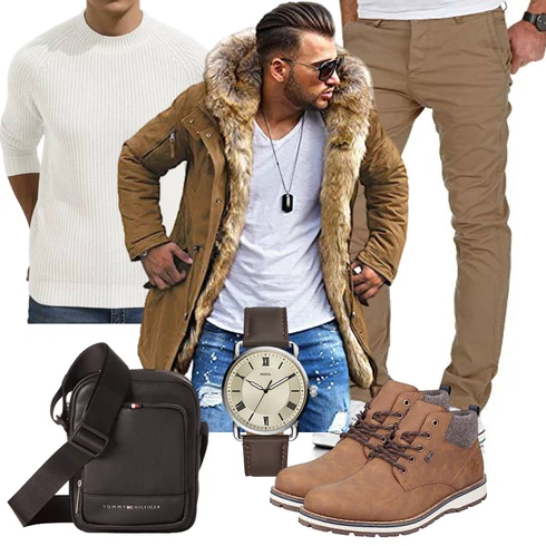 Dunkelgrün/Braun/Khaki/Beige/Schwarz Parka-übergangsjacke/Pelzjacke/Winterjacke/Winter Parka/Bundeswehr Parka Rello & Reese kombinieren