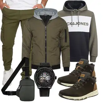 Outfit mit DunkelGrün/Grün Kapuzenpullover/Damen Pullover/Sport Sweatshirt/Hoodie/Vintage Hoodie/Unisex Hoodie/Ausgefallener Hoodie/Sport Hoodie/Fleece Pullover Jack & Jones "Freizeit Outfit"