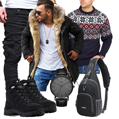 Schwarz KunstPelzjacke/Kapuzenjacke/Bundeswehr Parka/Pelzjacke/Winterjacke/Winter Parka Rello & Reese kombinieren