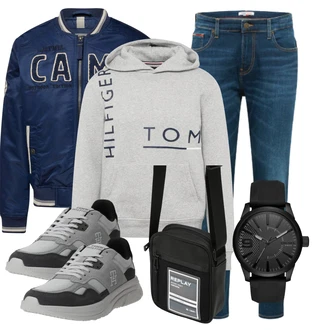 Outfit mit Blau/HellBlau Tapered-Jeans/Slim Fit Jeans/Winterjacke/Regular-Fit Jeans/Damen 7/8-Länge Jeans/Straight Leg Jean/Sportschuhe/Leder Schuhe/Girlfriend Jeans/Thermojeans/Lederjacke Tommy Jeans "Freizeit Outfit"