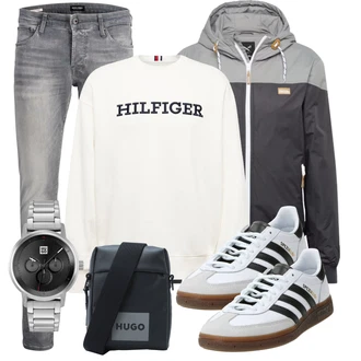 Outfit mit Weiß/Creme/Silber/Khaki Damen Pullover/Lederjacke/Sport Sweatshirt/Women's Fleece Sweatshirts/Pullover mit Stehkragen Tommy Hilfiger "Freizeit Outfit"