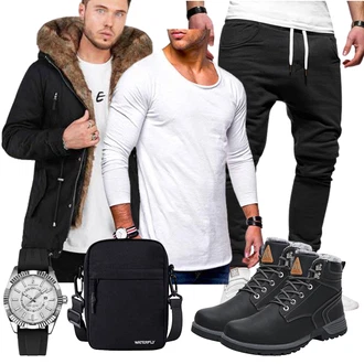 Winter Outfits mit Schwarz/Hellblau/Beige Kapuzenjacke/Winterjacke/Bundeswehr Parka/Parka-übergangsjacke/Winter Parka Soulstar "Freizeit Outfit"