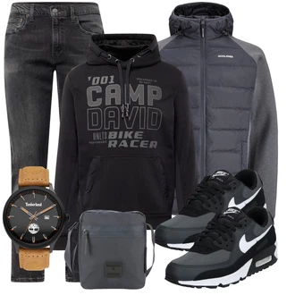 Outfit mit Grau/Dunkelgrau/Hellgrau/Dunkelblau Strickjacke Gefüttert/Stehkragen-Strickjacke/Winter Strickjacke/Wolle Strickjacke/Hybridjacke/Isolationsjacke/Kunstfaserjacke/Merinojacke/Thermojacke Jack & Jones "Freizeit Outfit"