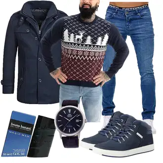 Outfit mit Schwarz/Dunkelrot/Bordeaux/Dunkelblau/Braun Jacquard Pullover/Strickpullover/Pullover Bedrucken/Vintage Pullover/Wollpullover/Winterpullover/Weihnachtspullover U LOOK UGLY TODAY "Freizeit Outfit"