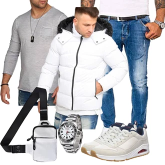 Winter Outfits Groß mit Weiß/Schwarz/Creme Außergewöhnliche Jacke/Sommerdaunenjacke/Schneejacke/Winter Parka/Kapuzenjacke/Daunenjacke/Puffer Jacke/Winterjacke Behype "Freizeit Outfit"