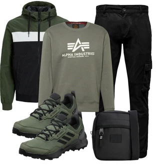 Outfit mit Schwarz/Khaki Cargohose/Cargo-Jogginghose/Funktionshose/Motorradhose Only & Sons "Freizeit Outfit"