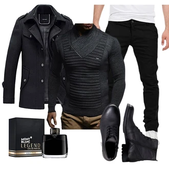 Outfit mit Schwarz/Dunkelblau/Dunkelgrau/Grau Polo-Pullover/Longpullover/Kaschmir Pullover/Wollpullover/Strickpullover/Winterpullover/Cut Out Pullover/Rollkragenpullover/Wasserfallpullover/Zopfmuster Pullover/Pullover mit Stehkragen/Wickel Pullover/Strick Hoodie Leif Nelson "Freizeit Outfit"