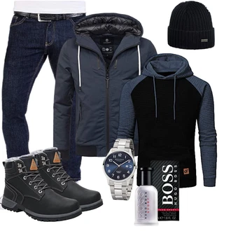 Outfit mit Schwarz/Dunkelblau 2-in-1 Pullover/Pullover mit Reißverschluss/Thermo Pullover/Winterpullover/Kapuzenpullover/Sport Hoodie/Strick Hoodie YuKaiChen "Freizeit Outfit"