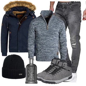 Jeans Outfits mit Hellblau/Dunkelblau Herbstjacke/Trachtenstrickjacke/Wachsjacke/Kapuzenjacke/Parka-übergangsjacke/Winterjacke/Winter Parka Indicode "Freizeit Outfit"