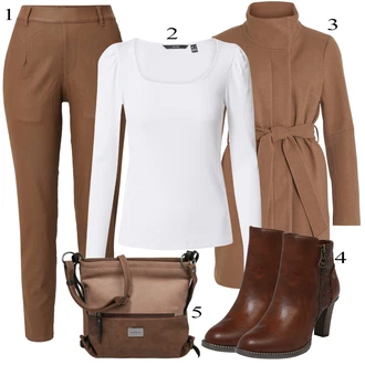 Jesen outfit mit Khaki/Bež/Rjava Nagubane hlače/Hlače iz Imitacije Usnja/Pajkice Usnjena pajkica/Leginge v Videzu Usnja/Usnjena Hlača/Hlača z Razporkom/Skinny Hlače/Slim Hlača/Treggings Object "Zimska oblačila"