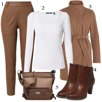 Outfits for chubby mit Khaki/Bež/Rjava Nagubane hlače/Hlače iz Imitacije Usnja/Pajkice Usnjena pajkica/Leginge v Videzu Usnja/Usnjena Hlača/Hlača z Razporkom/Skinny Hlače/Slim Hlača/Treggings Object "Obleka za jesen"